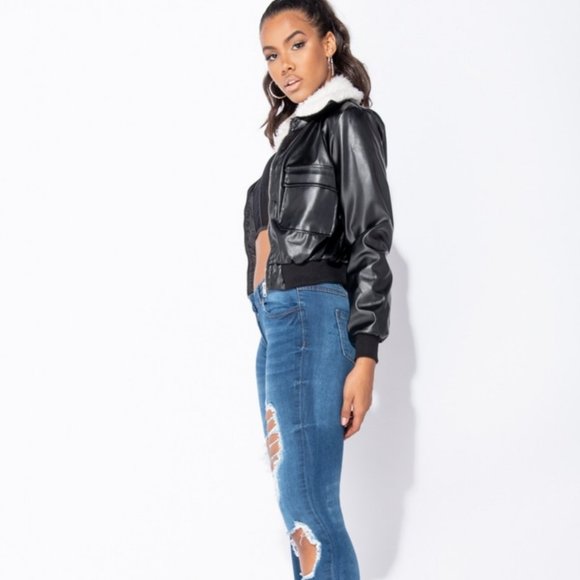 Black Vegan Faux Leather Faux Fur Collar Long Sleeve Bomber Jacket - Picture 3 of 8